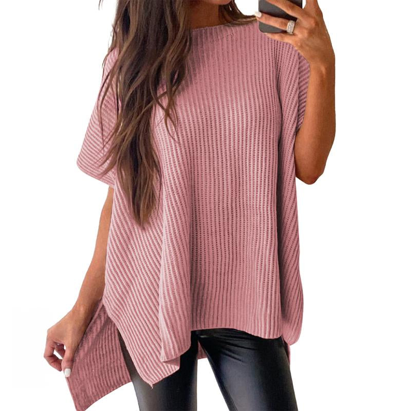 SHEWIN 2025 Fall Clothing Women'S Oversized Knit Top, Casual Crew Neck Drop Shoulder Loose Fit Short Sleeve Pullover Sweater with Side Slit, Soft Knitwear