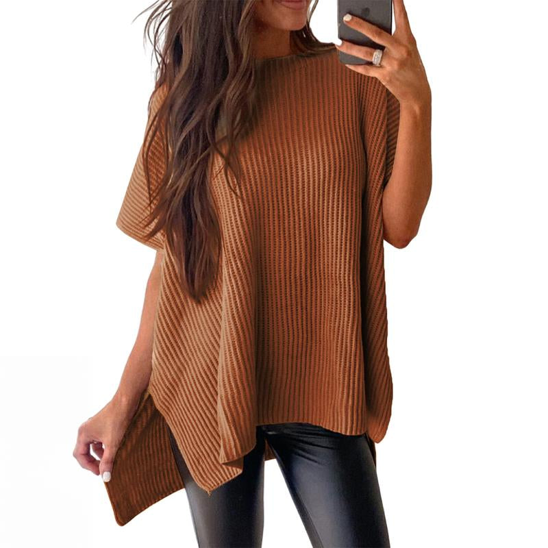 SHEWIN 2025 Fall Clothing Women'S Oversized Knit Top, Casual Crew Neck Drop Shoulder Loose Fit Short Sleeve Pullover Sweater with Side Slit, Soft Knitwear