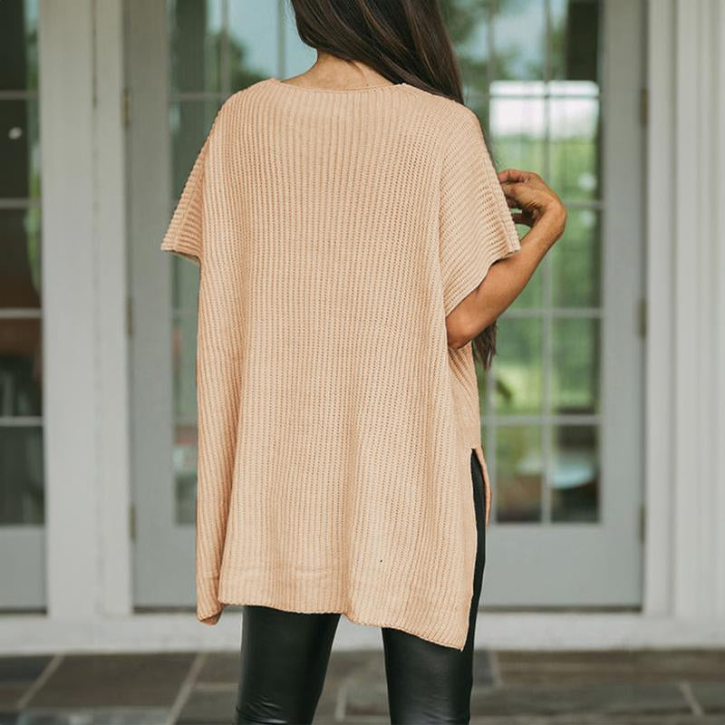 SHEWIN 2025 Fall Clothing Women'S Oversized Knit Top, Casual Crew Neck Drop Shoulder Loose Fit Short Sleeve Pullover Sweater with Side Slit, Soft Knitwear