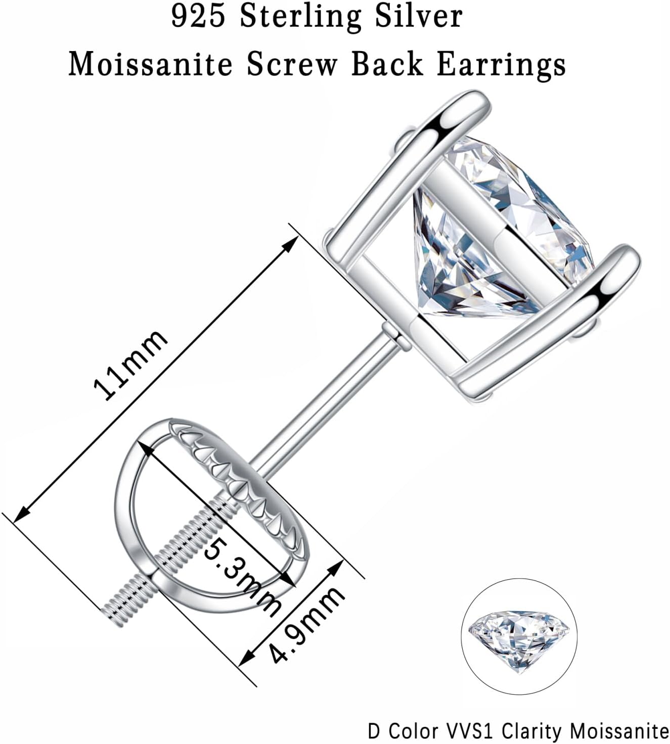 0.2-4Ct Moissanite Screw Back Earrings, D Color VVS1 Clarity Lab Created Moissanite 14K White Yellow Rose Gold Ruthenium Vermeil 925 Sterling Silver round Moissanite Earrings for Women Men