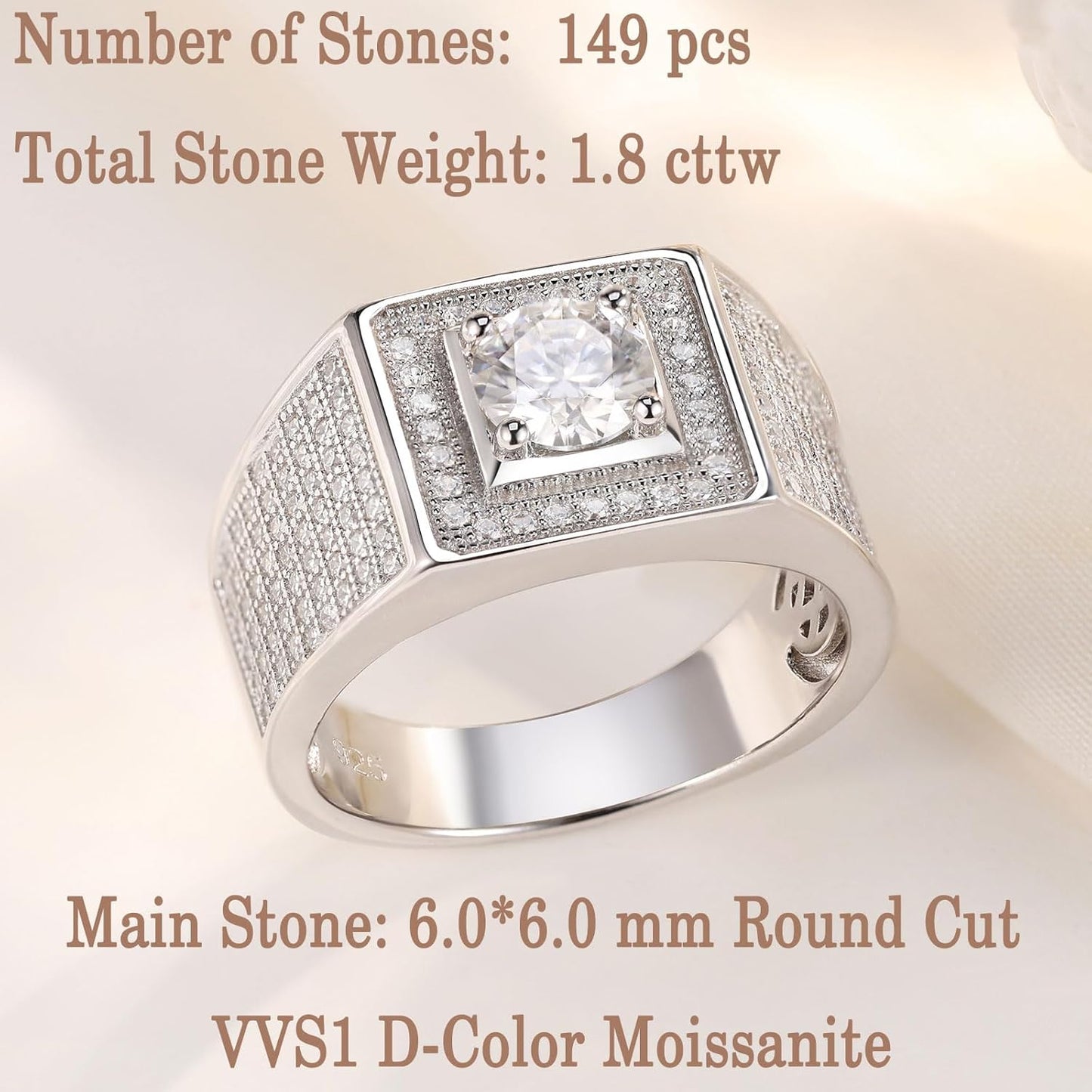 Mens Moissanite Band 925 Sterling Silver Promise Rings for Him round Cut Eternity Engagement Size 8-13