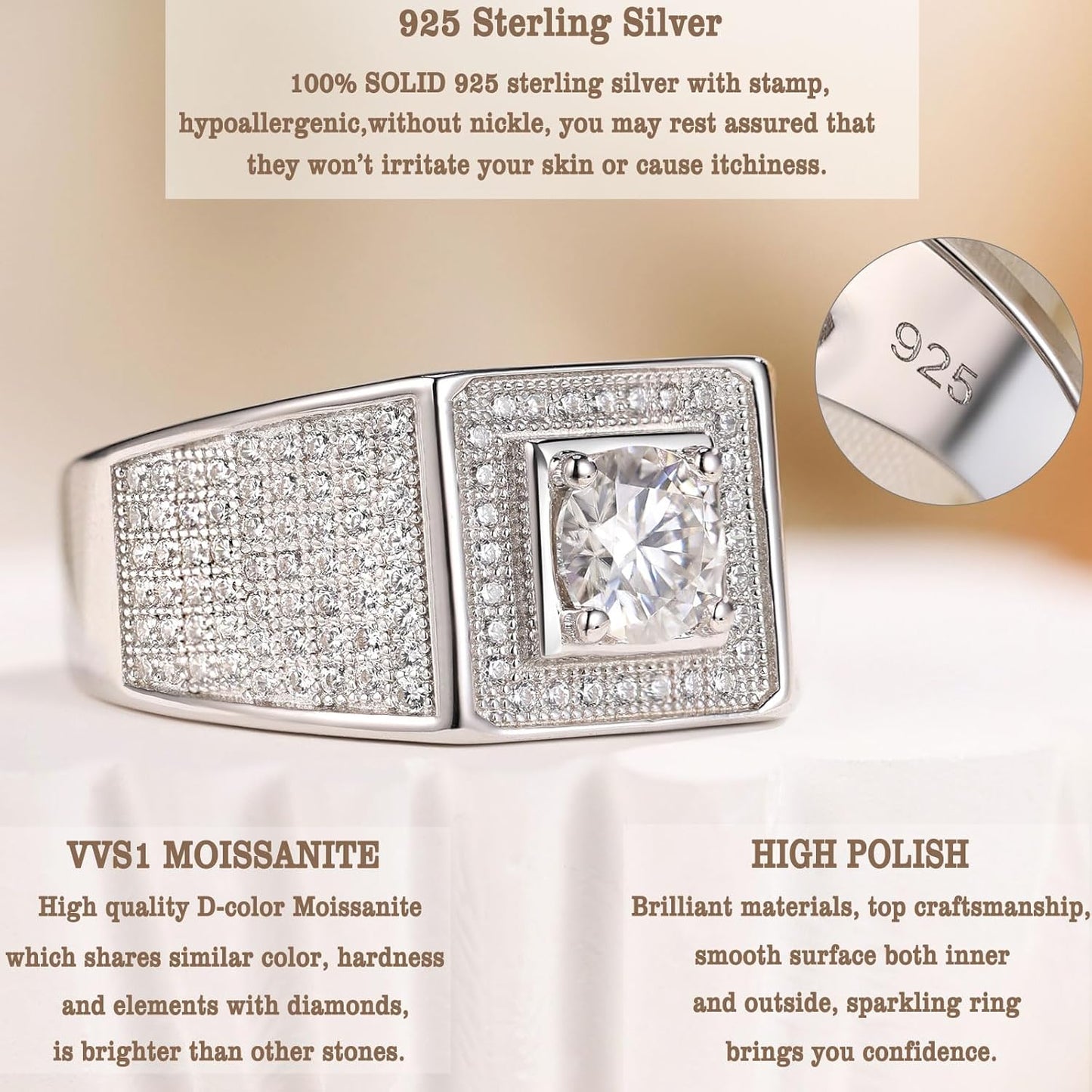 Mens Moissanite Band 925 Sterling Silver Promise Rings for Him round Cut Eternity Engagement Size 8-13