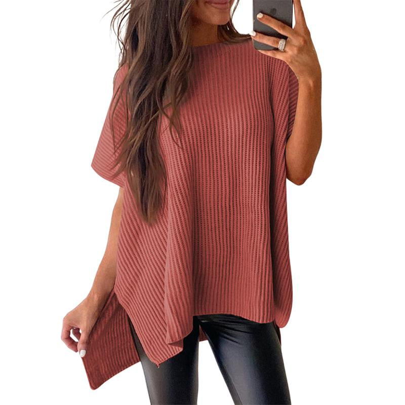 SHEWIN 2025 Fall Clothing Women'S Oversized Knit Top, Casual Crew Neck Drop Shoulder Loose Fit Short Sleeve Pullover Sweater with Side Slit, Soft Knitwear