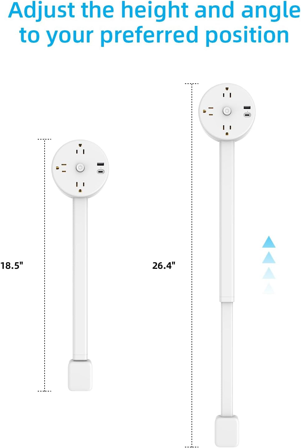 Electrical Outlet Extender Stick with USB, Type-C Charging and 3 AC Outlets, Extends 18.5"-26.4", Rotates 180° for Hard to Reach Outlet Extender, Use behind Couches, Cabinets, Desks and More