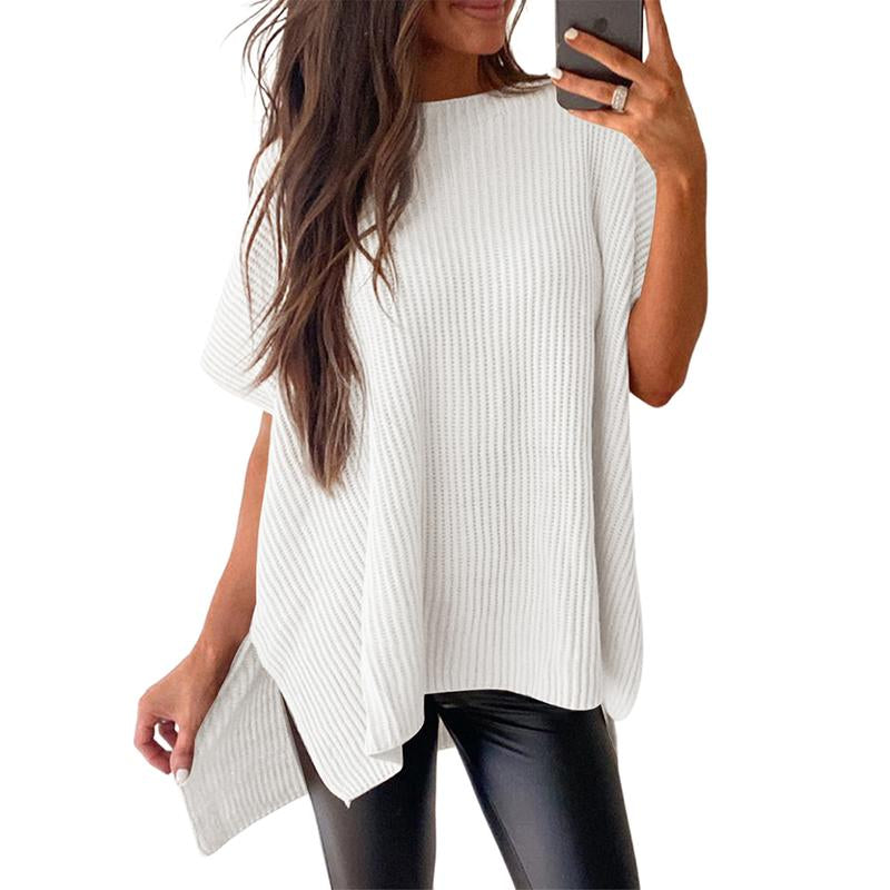 SHEWIN 2025 Fall Clothing Women'S Oversized Knit Top, Casual Crew Neck Drop Shoulder Loose Fit Short Sleeve Pullover Sweater with Side Slit, Soft Knitwear