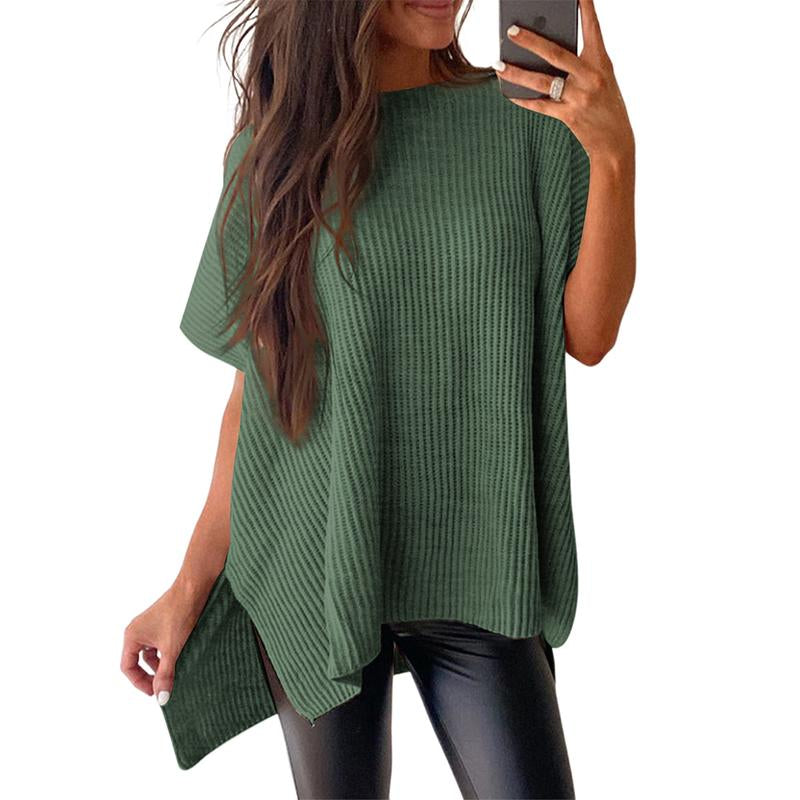 SHEWIN 2025 Fall Clothing Women'S Oversized Knit Top, Casual Crew Neck Drop Shoulder Loose Fit Short Sleeve Pullover Sweater with Side Slit, Soft Knitwear