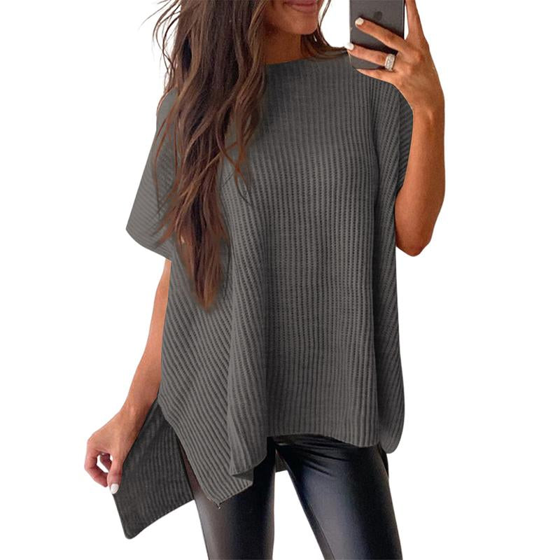 SHEWIN 2025 Fall Clothing Women'S Oversized Knit Top, Casual Crew Neck Drop Shoulder Loose Fit Short Sleeve Pullover Sweater with Side Slit, Soft Knitwear