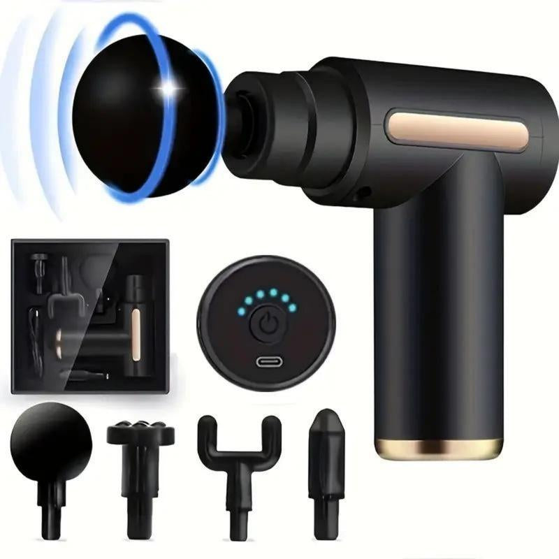 Home Portable USB Rechargeable 6-Speed Body Massage Gun, Adjustable Multifunctional Body Fascia Gun . Perfect for Muscle Recovery, Neck & Back Pain Relief, and Post-Workout Relaxation, 4 Replaceable Heads; Ultra-Quiet Brushless Motor, Black Massager Gift