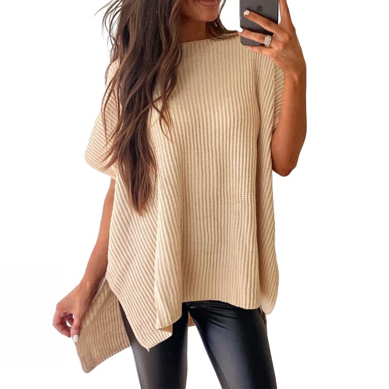 SHEWIN 2025 Fall Clothing Women'S Oversized Knit Top, Casual Crew Neck Drop Shoulder Loose Fit Short Sleeve Pullover Sweater with Side Slit, Soft Knitwear