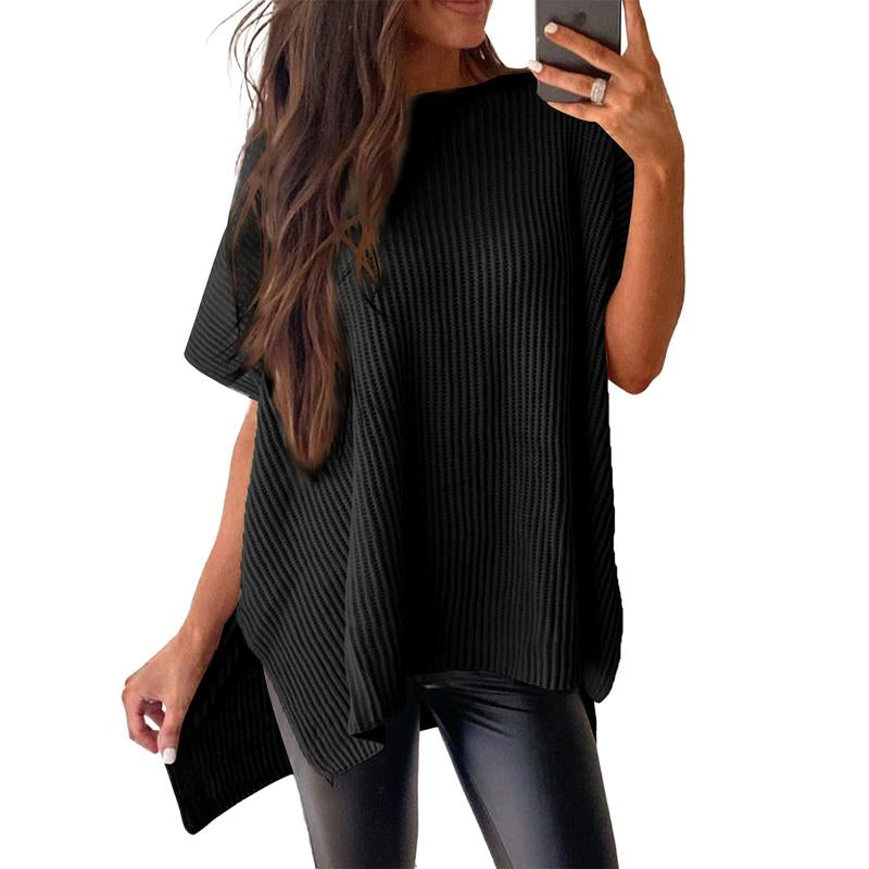 SHEWIN 2025 Fall Clothing Women'S Oversized Knit Top, Casual Crew Neck Drop Shoulder Loose Fit Short Sleeve Pullover Sweater with Side Slit, Soft Knitwear