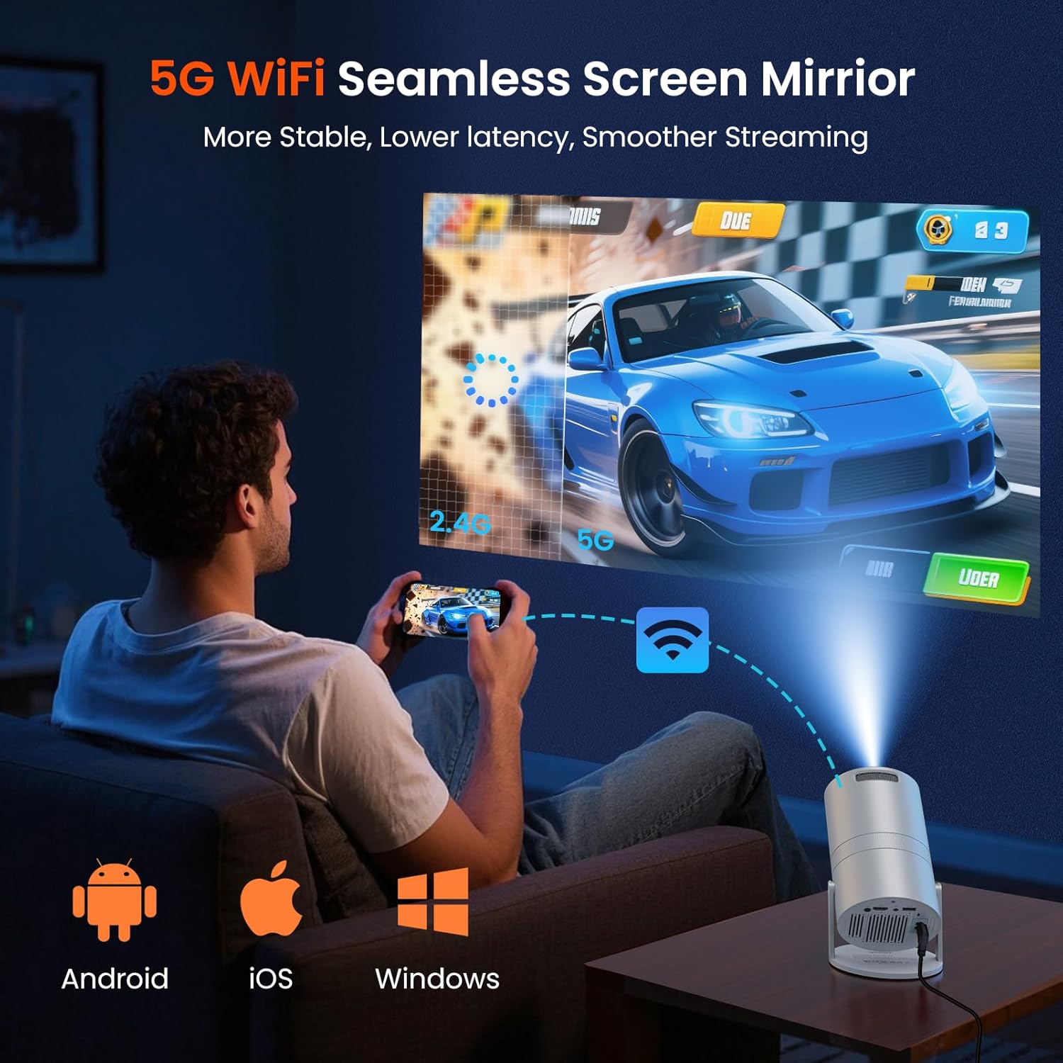 Mini Projector with Wifi and Bluetooth, Portable Movie Projector with 180° Rotatable, 1080P HD Supported, Auto Vertical Keystone, Compatible with Smartphone, TV Stick, Laptop, HDMI, USB