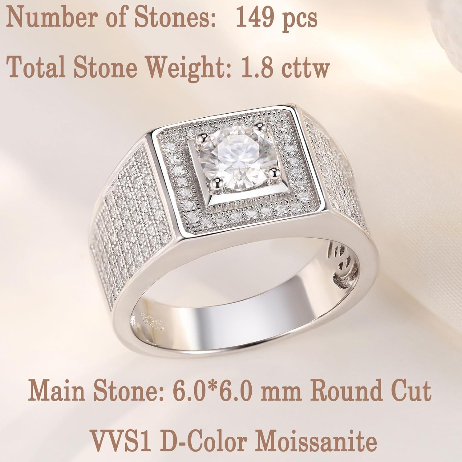 Mens Moissanite Band 925 Sterling Silver Promise Rings for Him round Cut Eternity Engagement Size 8-13