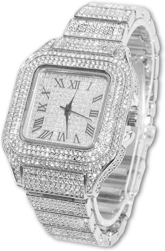 Luxury Square Dial Diamond Gold Watch for Men - 18K Real Gold/Platinum Plated Quartz Wristband with Optional Cuban Link Necklace Bracelet Set - Free Gift Box Included!