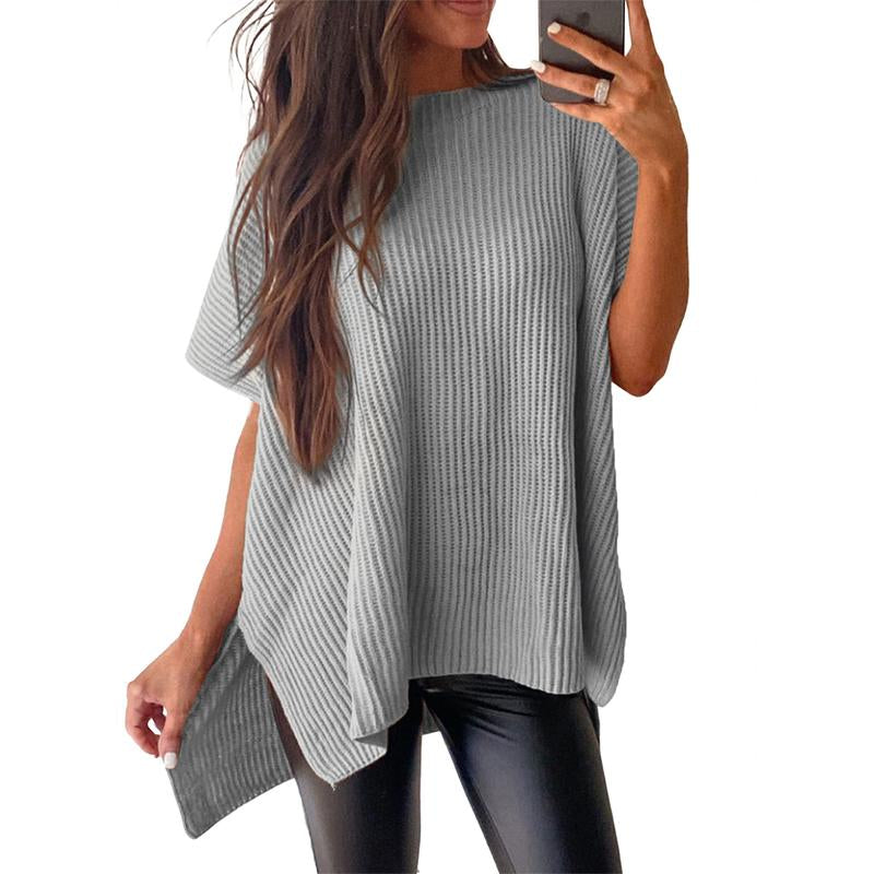 SHEWIN 2025 Fall Clothing Women'S Oversized Knit Top, Casual Crew Neck Drop Shoulder Loose Fit Short Sleeve Pullover Sweater with Side Slit, Soft Knitwear