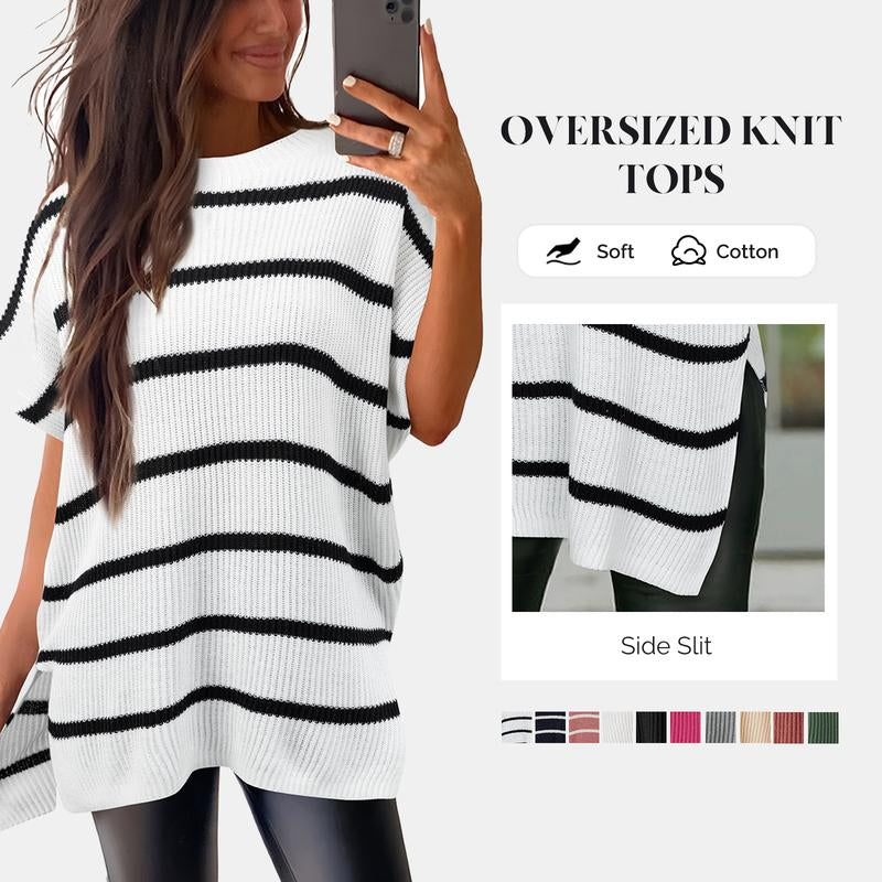SHEWIN 2025 Fall Clothing Women'S Oversized Knit Top, Casual Crew Neck Drop Shoulder Loose Fit Short Sleeve Pullover Sweater with Side Slit, Soft Knitwear