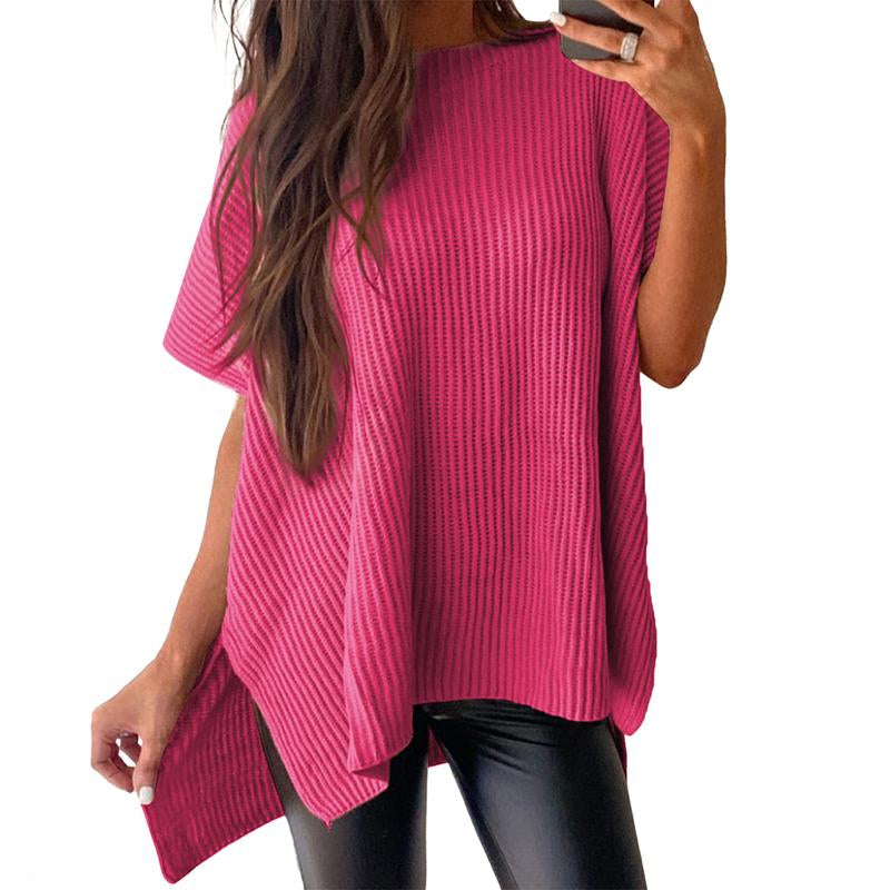 SHEWIN 2025 Fall Clothing Women'S Oversized Knit Top, Casual Crew Neck Drop Shoulder Loose Fit Short Sleeve Pullover Sweater with Side Slit, Soft Knitwear