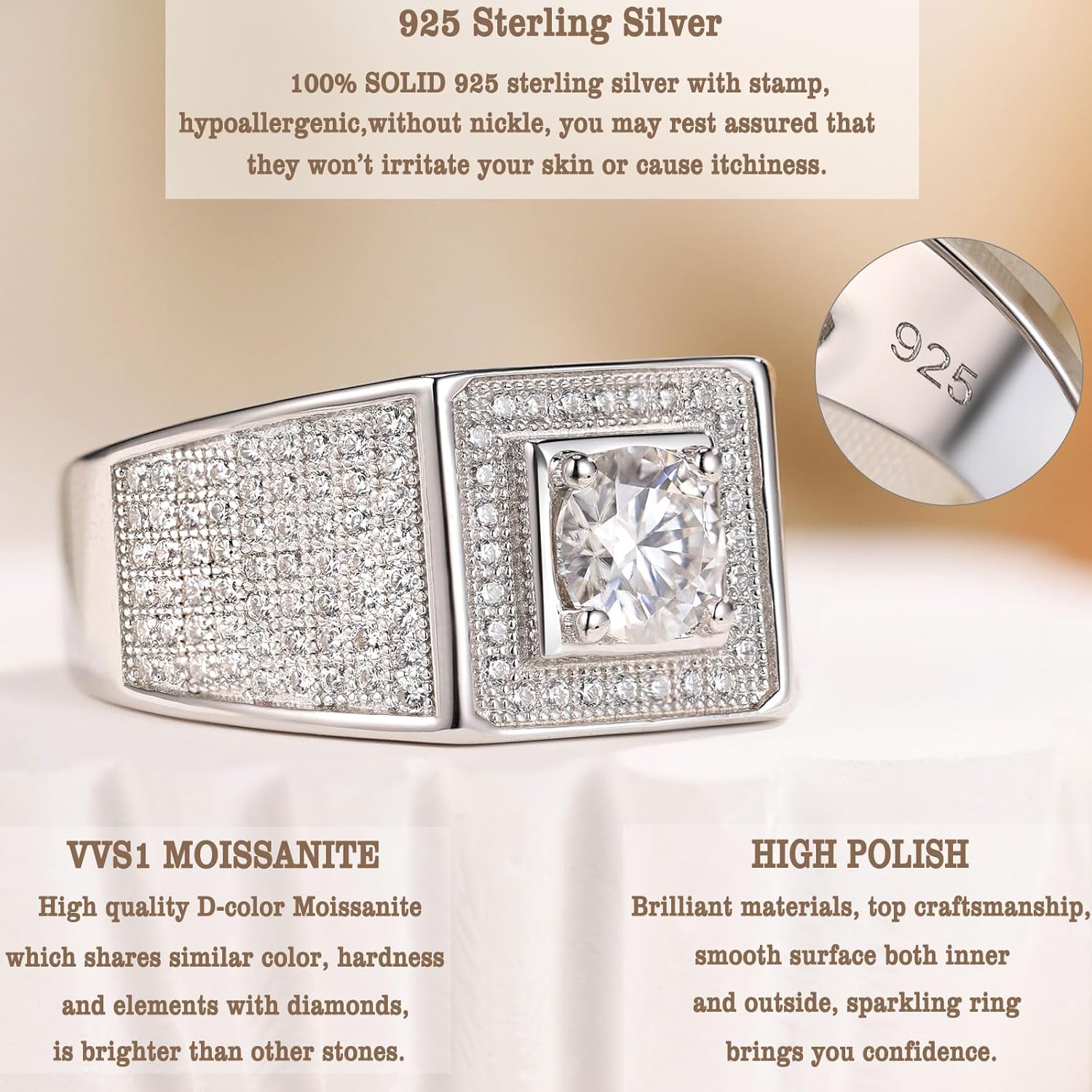 Mens Moissanite Band 925 Sterling Silver Promise Rings for Him round Cut Eternity Engagement Size 8-13