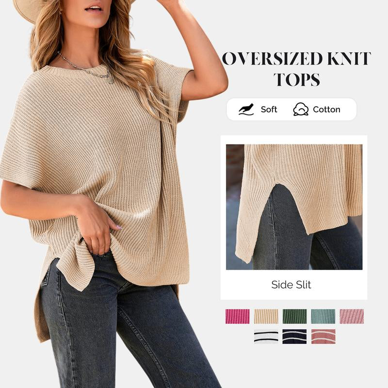 SHEWIN 2025 Fall Clothing Women'S Oversized Knit Top, Casual Crew Neck Drop Shoulder Loose Fit Short Sleeve Pullover Sweater with Side Slit, Soft Knitwear