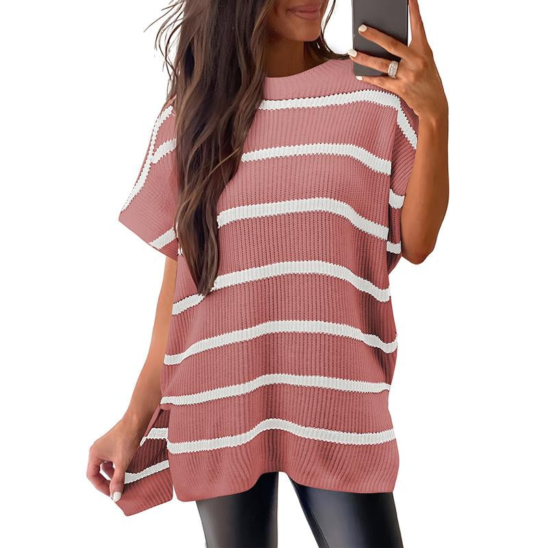 SHEWIN 2025 Fall Clothing Women'S Oversized Knit Top, Casual Crew Neck Drop Shoulder Loose Fit Short Sleeve Pullover Sweater with Side Slit, Soft Knitwear