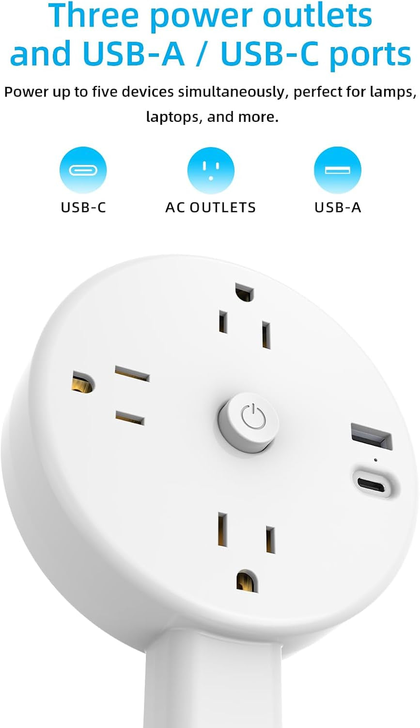 Electrical Outlet Extender Stick with USB, Type-C Charging and 3 AC Outlets, Extends 18.5"-26.4", Rotates 180° for Hard to Reach Outlet Extender, Use behind Couches, Cabinets, Desks and More