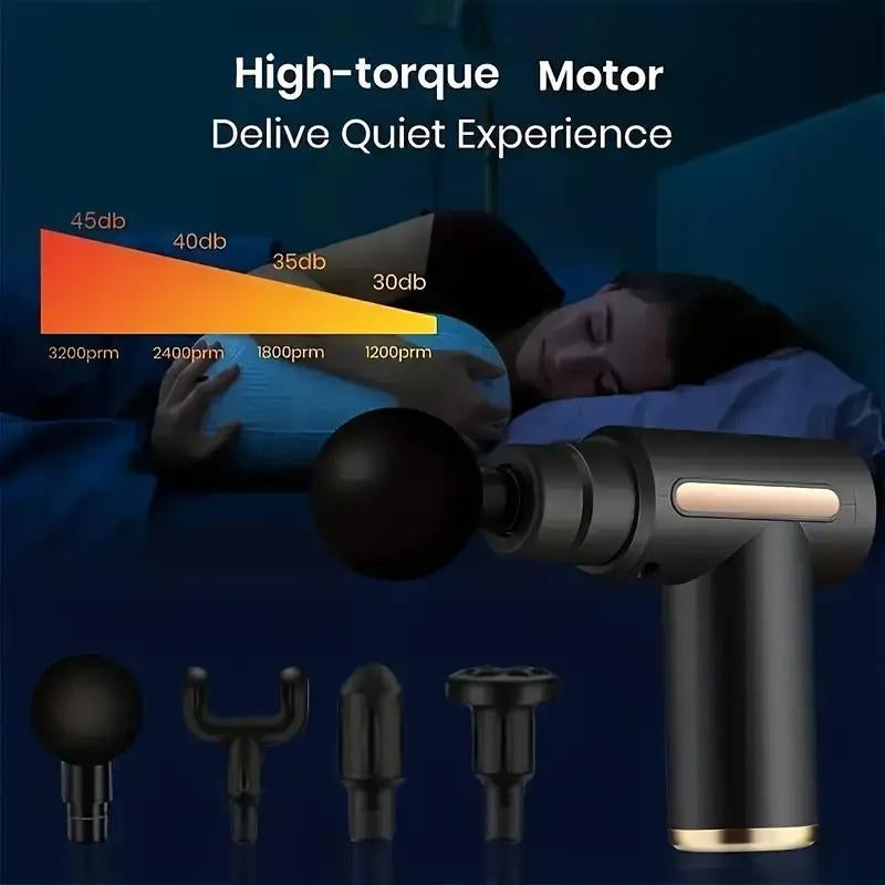 Home Portable USB Rechargeable 6-Speed Body Massage Gun, Adjustable Multifunctional Body Fascia Gun . Perfect for Muscle Recovery, Neck & Back Pain Relief, and Post-Workout Relaxation, 4 Replaceable Heads; Ultra-Quiet Brushless Motor, Black Massager Gift