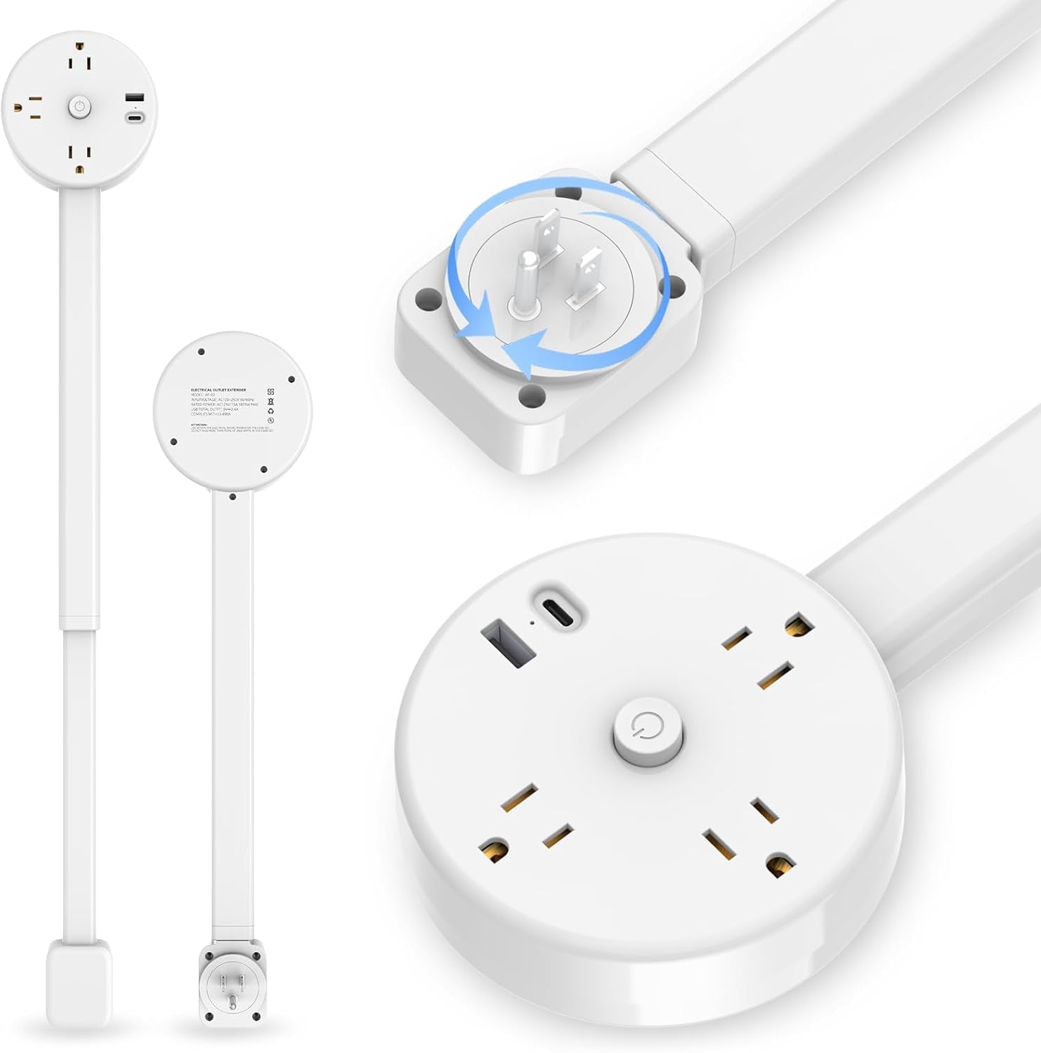 Electrical Outlet Extender Stick with USB, Type-C Charging and 3 AC Outlets, Extends 18.5"-26.4", Rotates 180° for Hard to Reach Outlet Extender, Use behind Couches, Cabinets, Desks and More