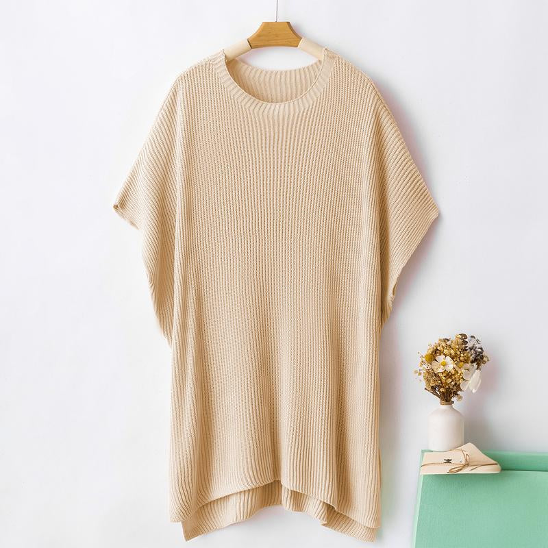 SHEWIN 2025 Fall Clothing Women'S Oversized Knit Top, Casual Crew Neck Drop Shoulder Loose Fit Short Sleeve Pullover Sweater with Side Slit, Soft Knitwear