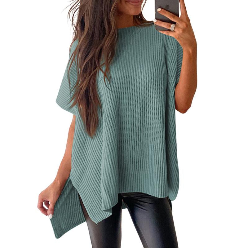 SHEWIN 2025 Fall Clothing Women'S Oversized Knit Top, Casual Crew Neck Drop Shoulder Loose Fit Short Sleeve Pullover Sweater with Side Slit, Soft Knitwear
