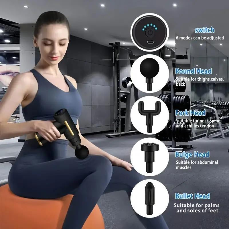 Home Portable USB Rechargeable 6-Speed Body Massage Gun, Adjustable Multifunctional Body Fascia Gun . Perfect for Muscle Recovery, Neck & Back Pain Relief, and Post-Workout Relaxation, 4 Replaceable Heads; Ultra-Quiet Brushless Motor, Black Massager Gift